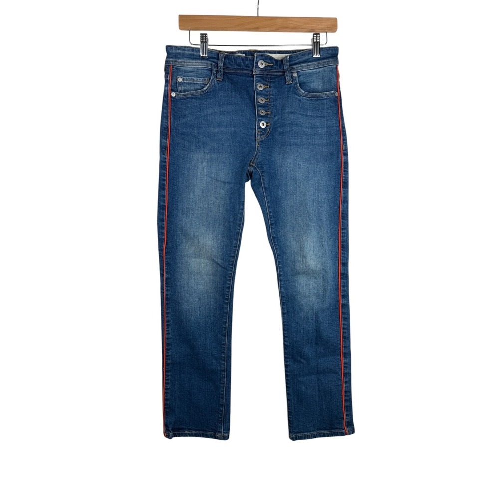 Pilcro Anthropologie Relaxed Straight Red Stripe Button Fly Jeans Womens Size 27